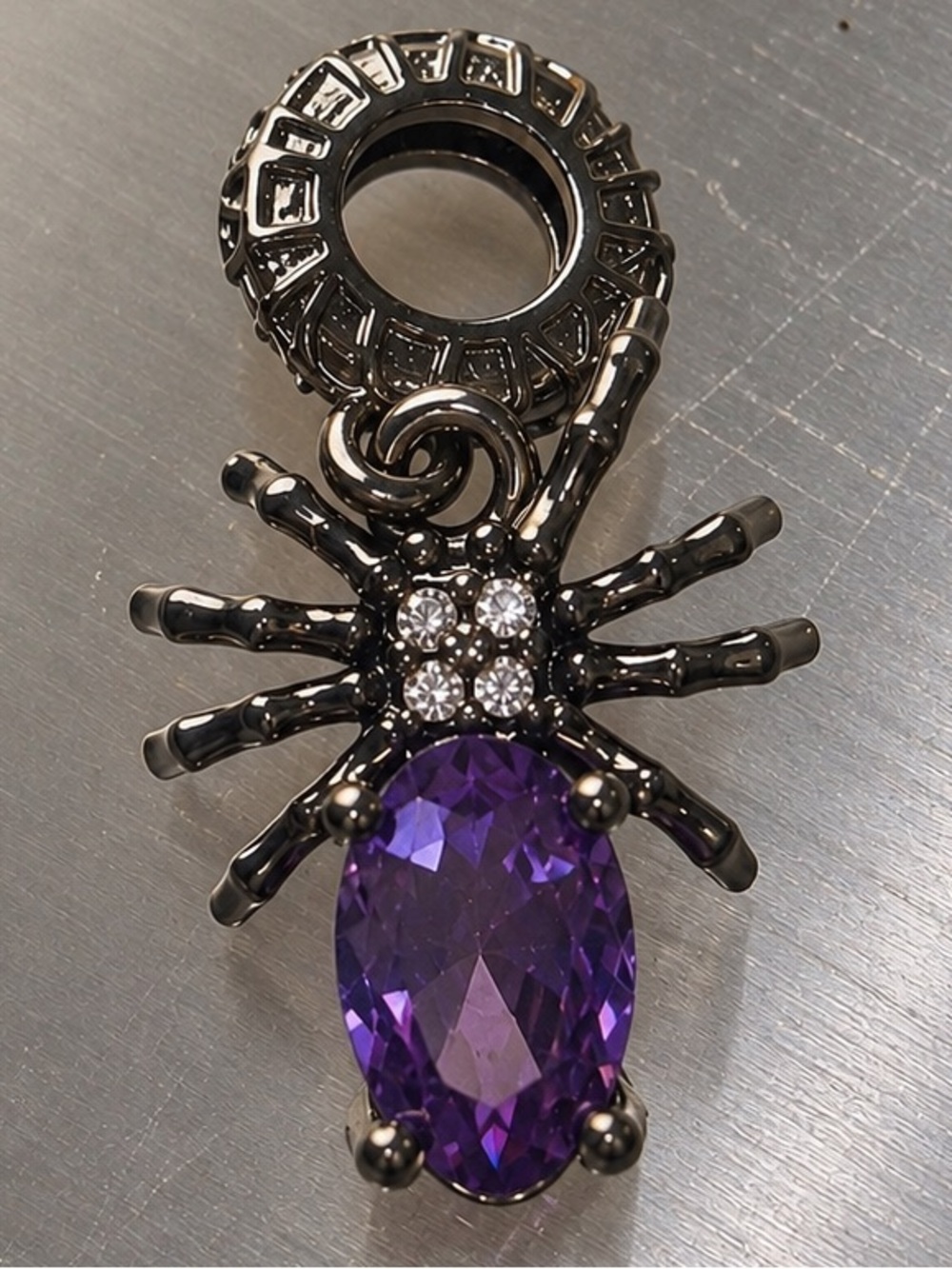 Spider Pendant Charm with Amethyst Gemstone | 8mm | Black Plating